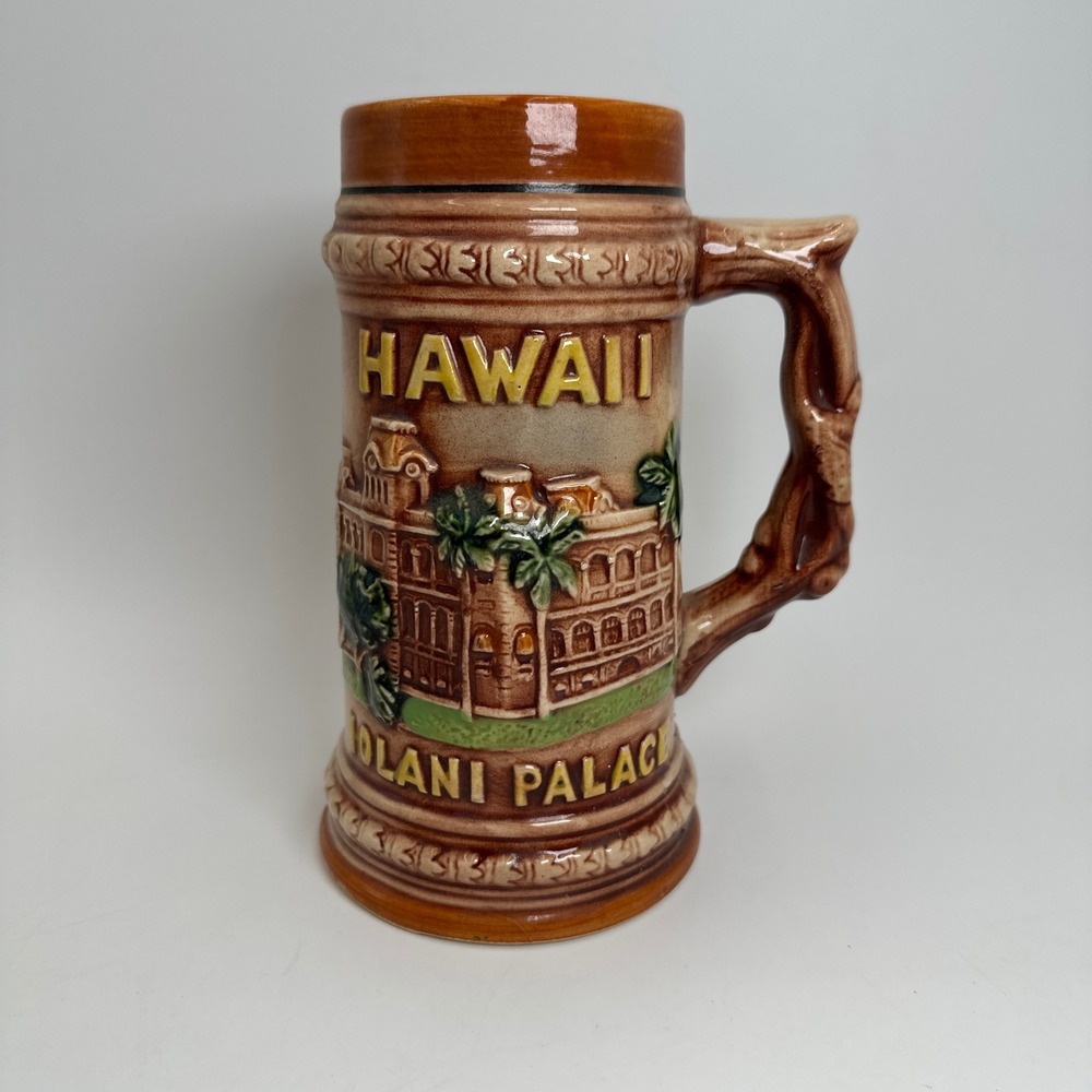 Hawaii Iolani Palace Beer Stein Brown Ceramic Tiki Souvenir Made in Japan 7" VTG